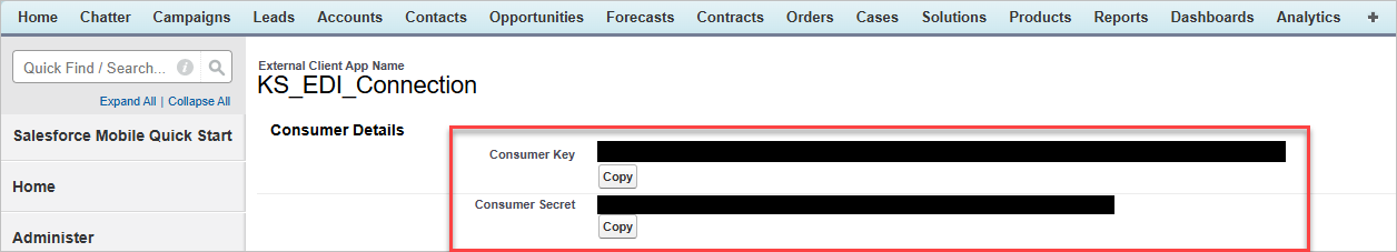 Salesforce interface displaying Consumer Key and Consumer Secret fields for an application.
